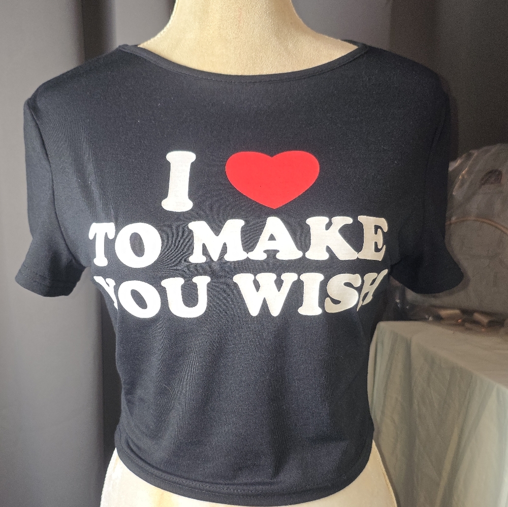 I ❤️ TO MAKE YOU WISH”‎ Graphic Crop Tee — Size L, Edgy Quote Shirt
